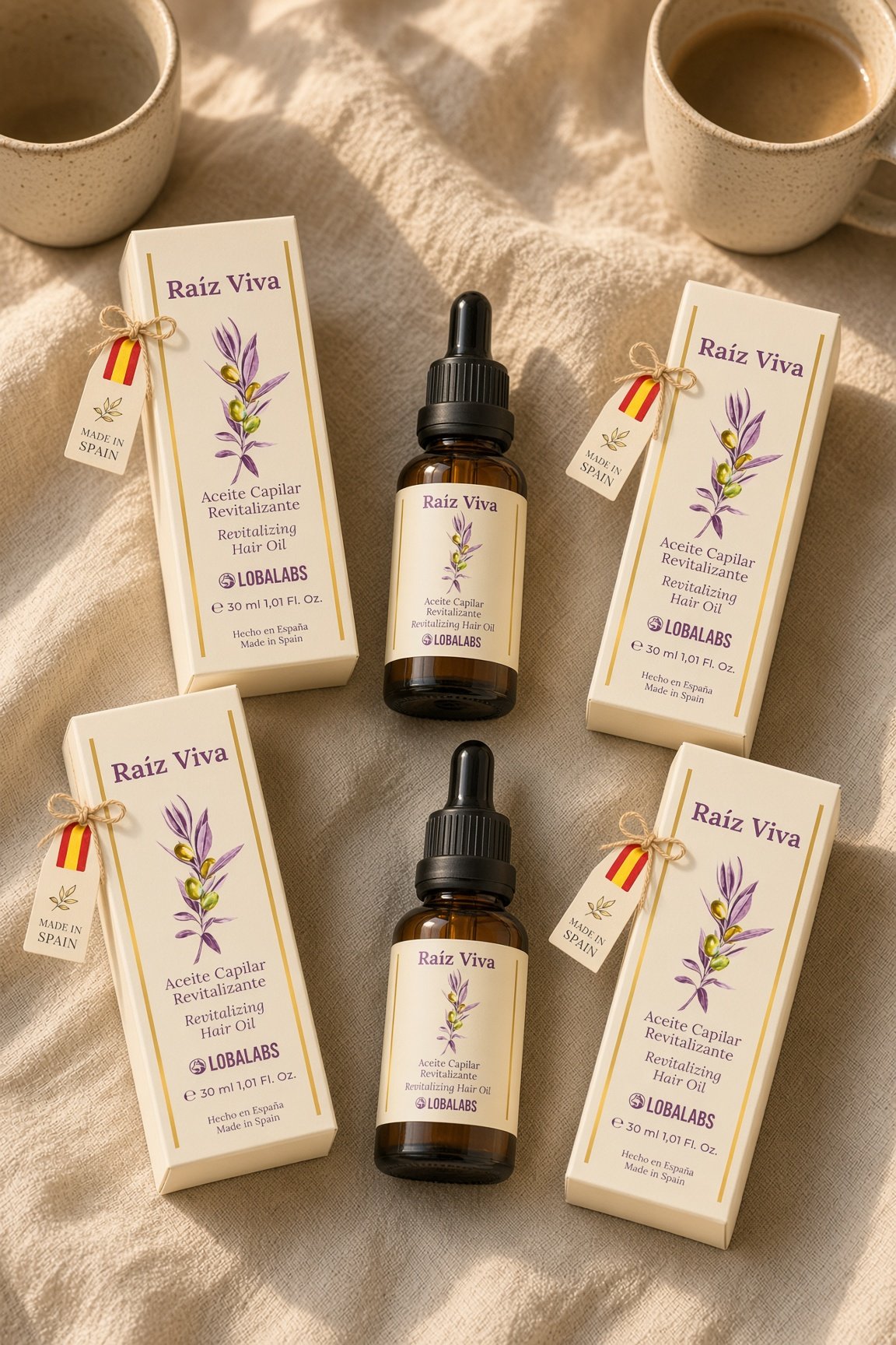 Several Raíz Viva boxes and bottles together