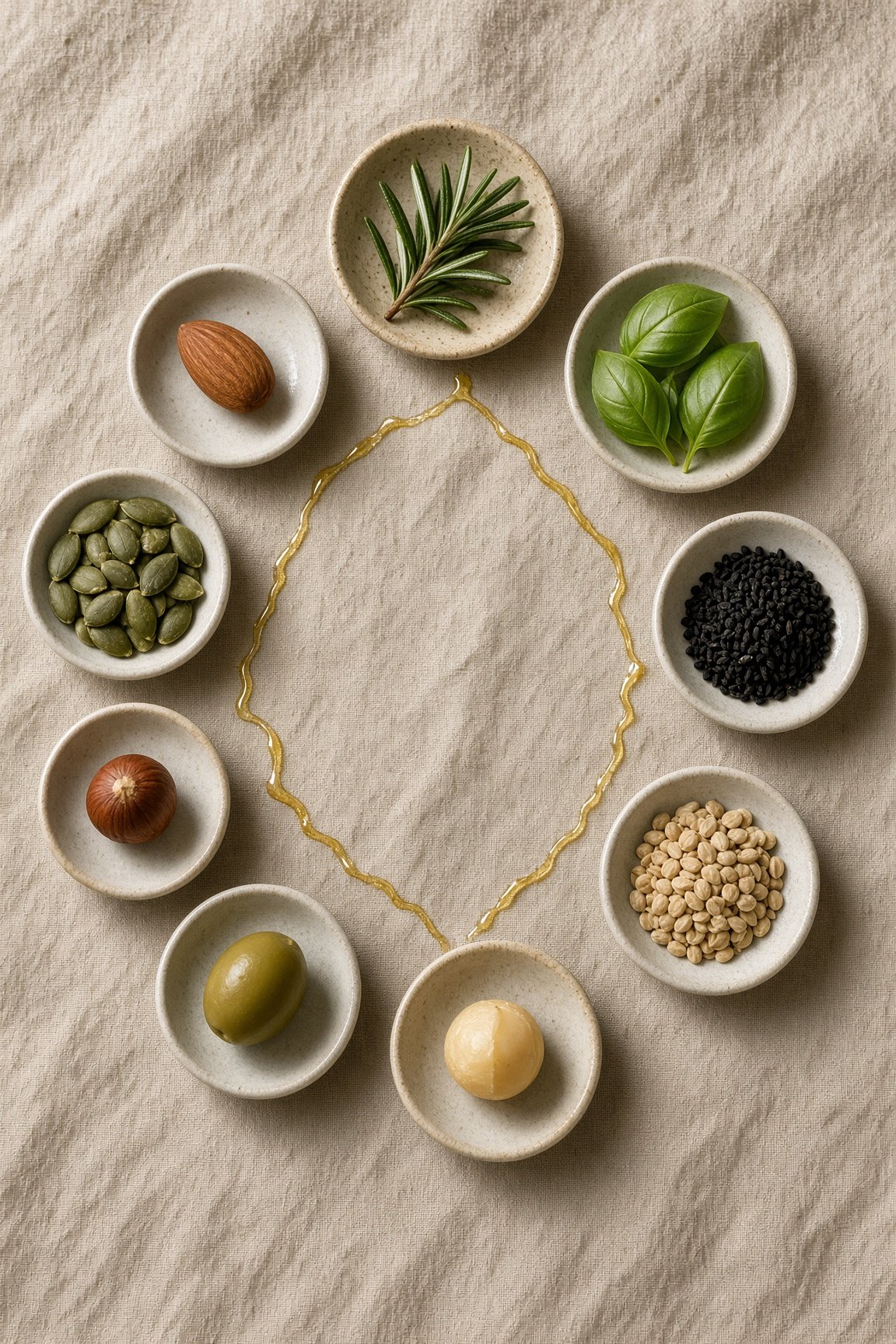 Nine ingredients of the formula, each in a bowl